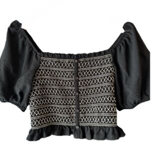 Blue Rain Smocked Puff Sleeve Crop Top Black Boho Blouse Size L